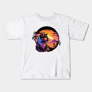 Cat on the beach with sunglasses Kids T-Shirt